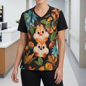 Disney Chip 'N Dale Cherokee Tooniforms Scrub Top Size M V-Neck